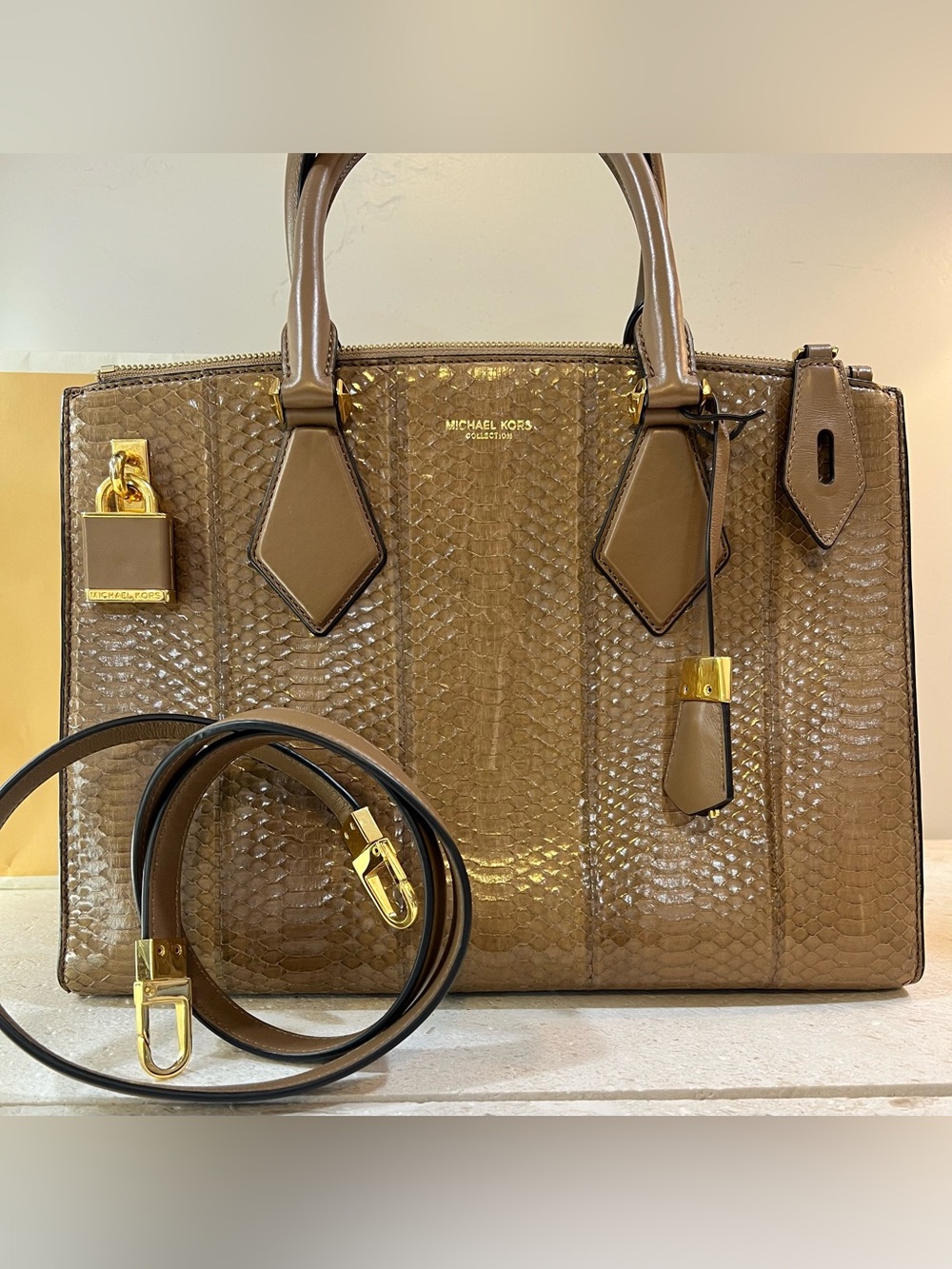 Michael Kors Collection Casey Python Satchel Brown Gold